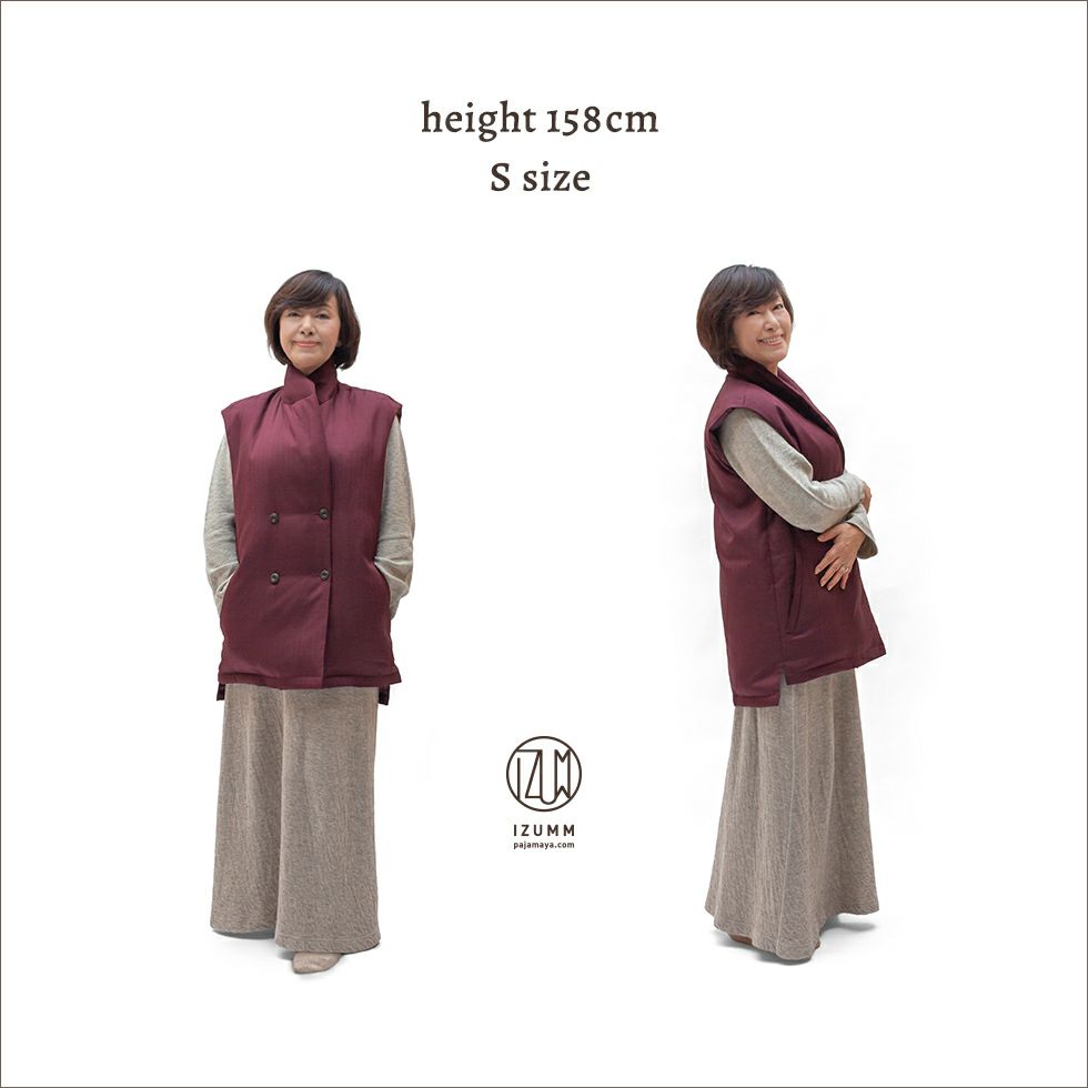 女性モデル身長：158㎝　ヘリンボーンワイン　Sサイズ着用