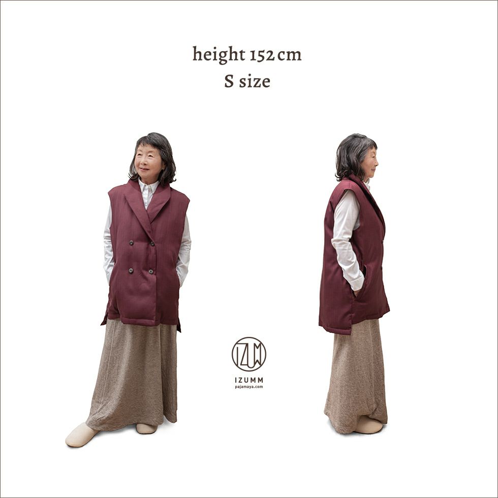 女性モデル身長：152㎝　ヘリンボーンワイン　Sサイズ着用