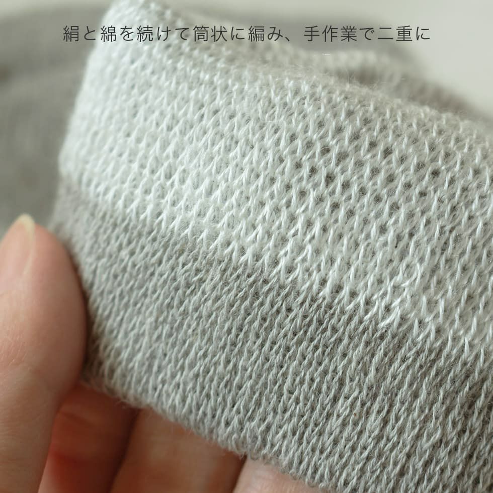 絹と綿を続けて筒状に編み、手作業で二重に