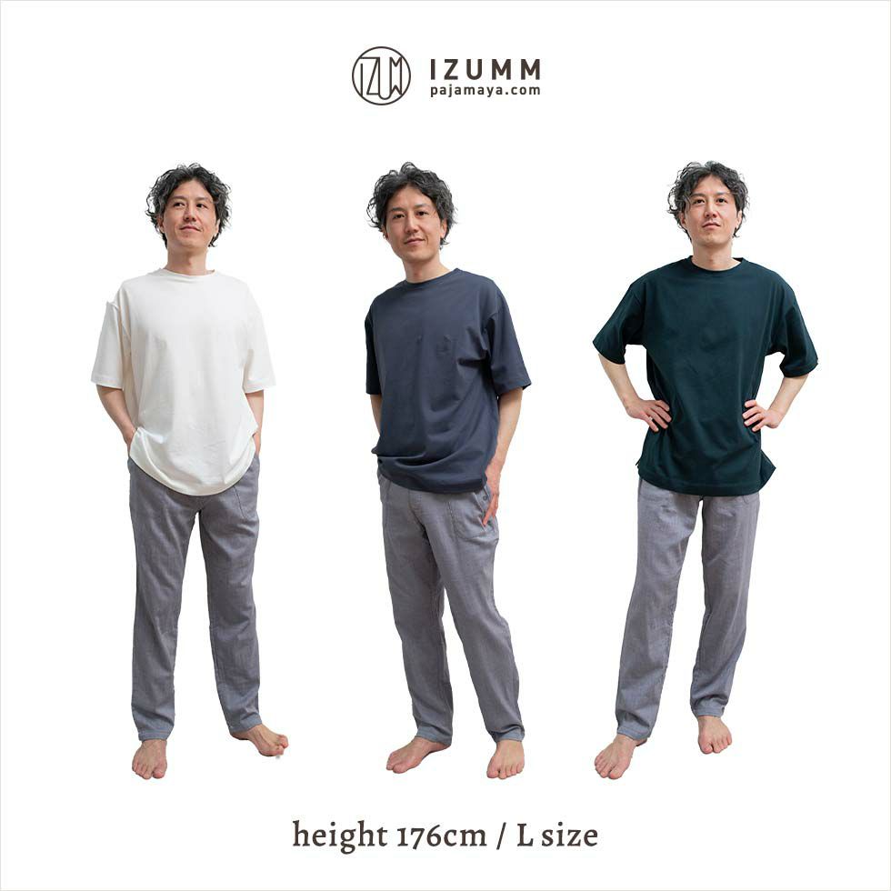 男性モデル身長：176cm L×Lサイズ着用 大人のゆるさと品の両立 おやすみ中にずりあがりにくいパンツ